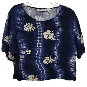 Chaus Sport Top Womens Large Blue Tie Dye Tropical Hibiscus Rayon Boxy Boho